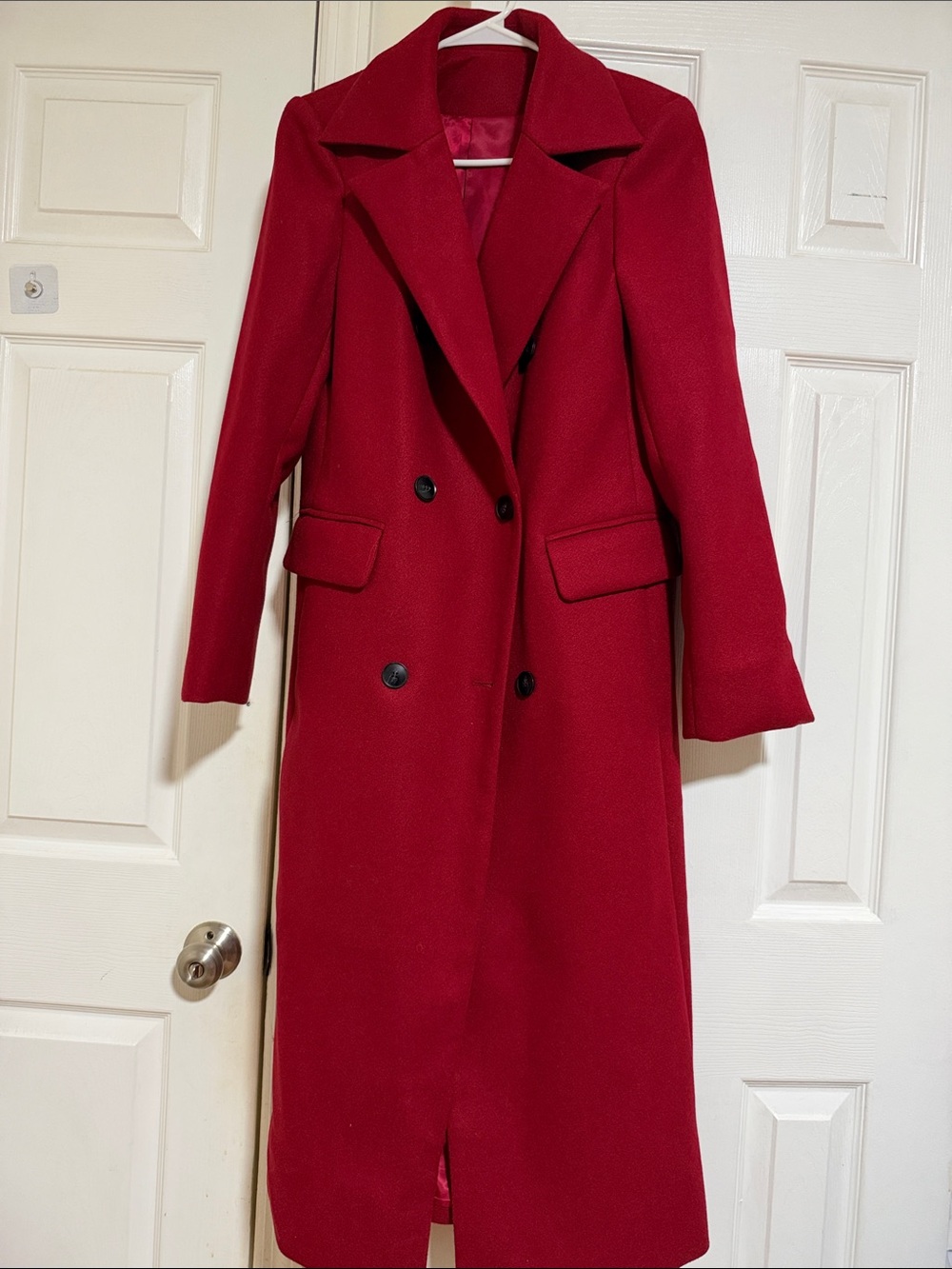 Classic Red Double-Breasted Long Coat - Women's